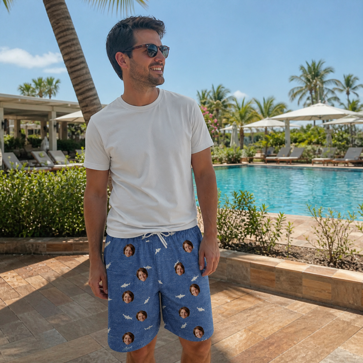 Real-life photo of someone wearing Men's Mako Minnows Custom Face Beach Shorts — custom faces printed all-over