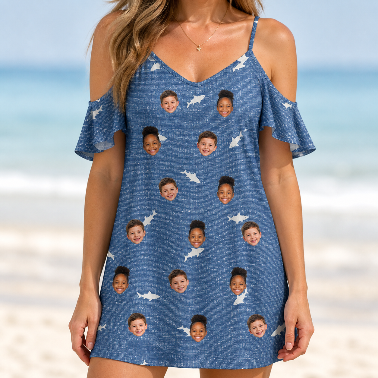 Model wearing Women's Mako Minnows Custom Face Off-Shoulder Dress printed with kids' faces