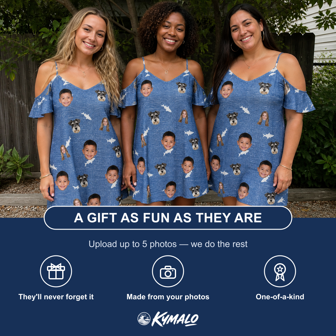 Friends in matching Women's Mako Minnows Custom Face Off-Shoulder Dress — a group gift photo