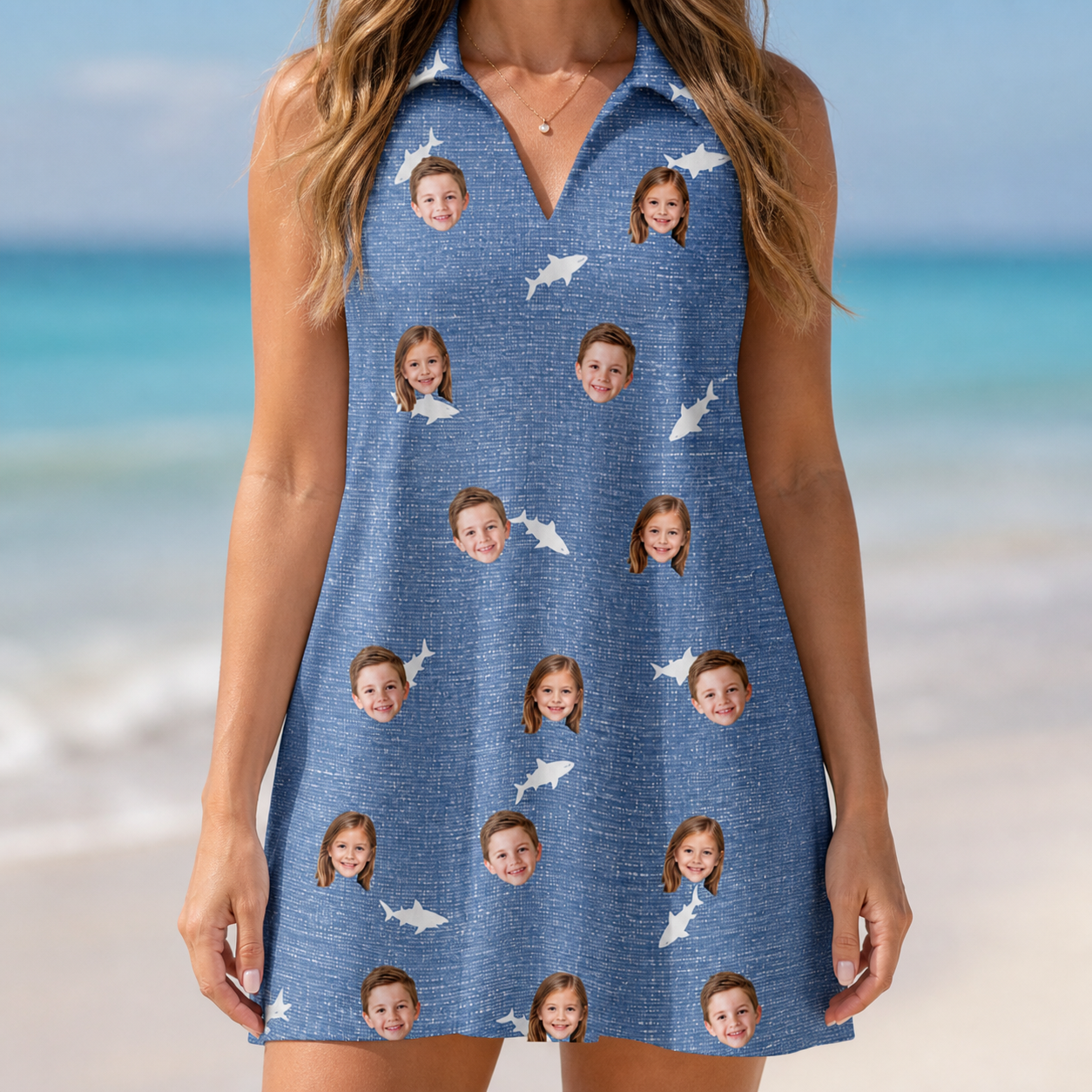 Model wearing Women's Mako Minnows Custom Face V-Neck Dress printed with kids' faces