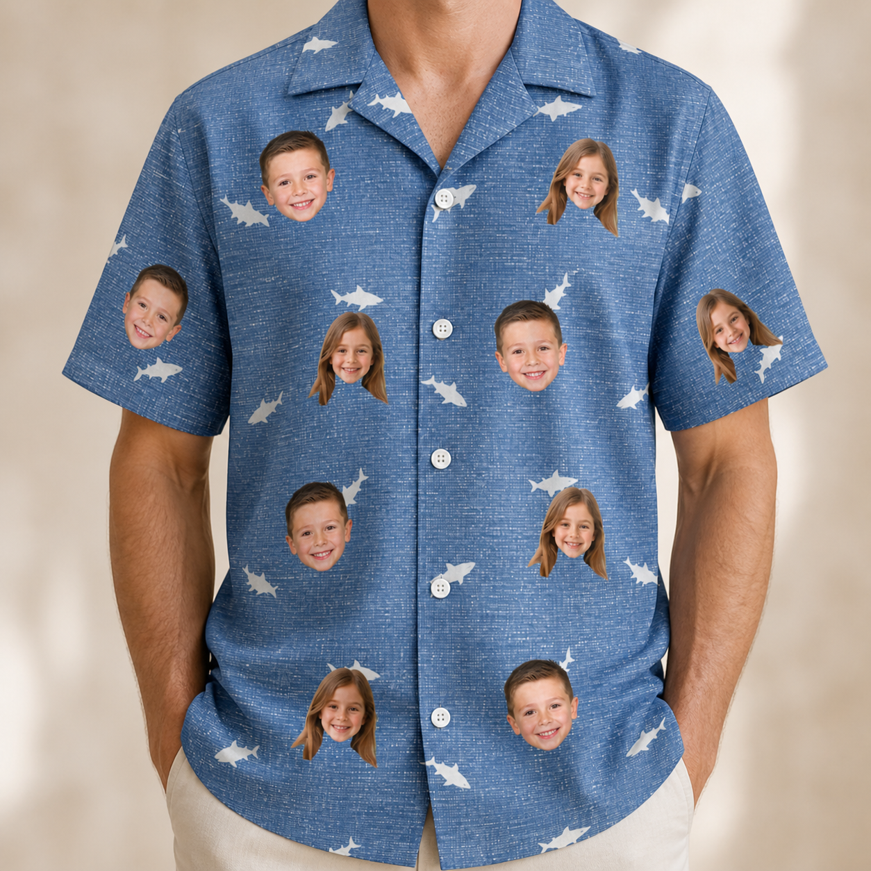 Model wearing Men's Mako Minnows Custom Face Hawaiian Shirt printed with kids' faces