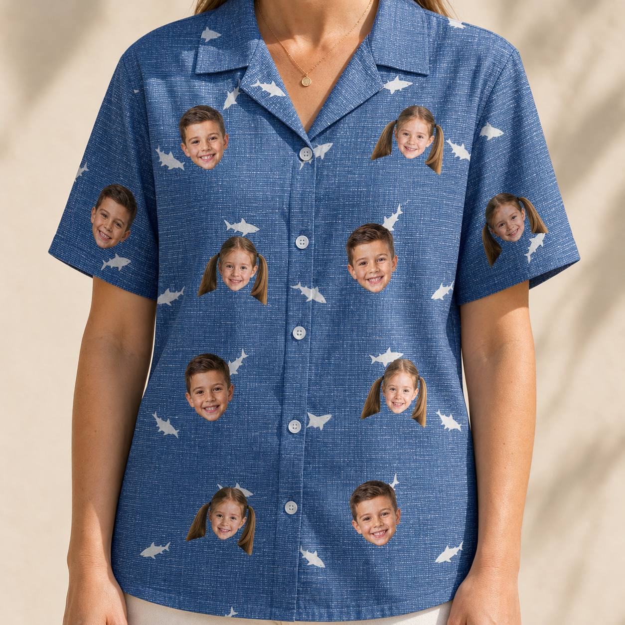 Model wearing Women's Mako Minnows Custom Face Hawaiian Shirt printed with kids' faces
