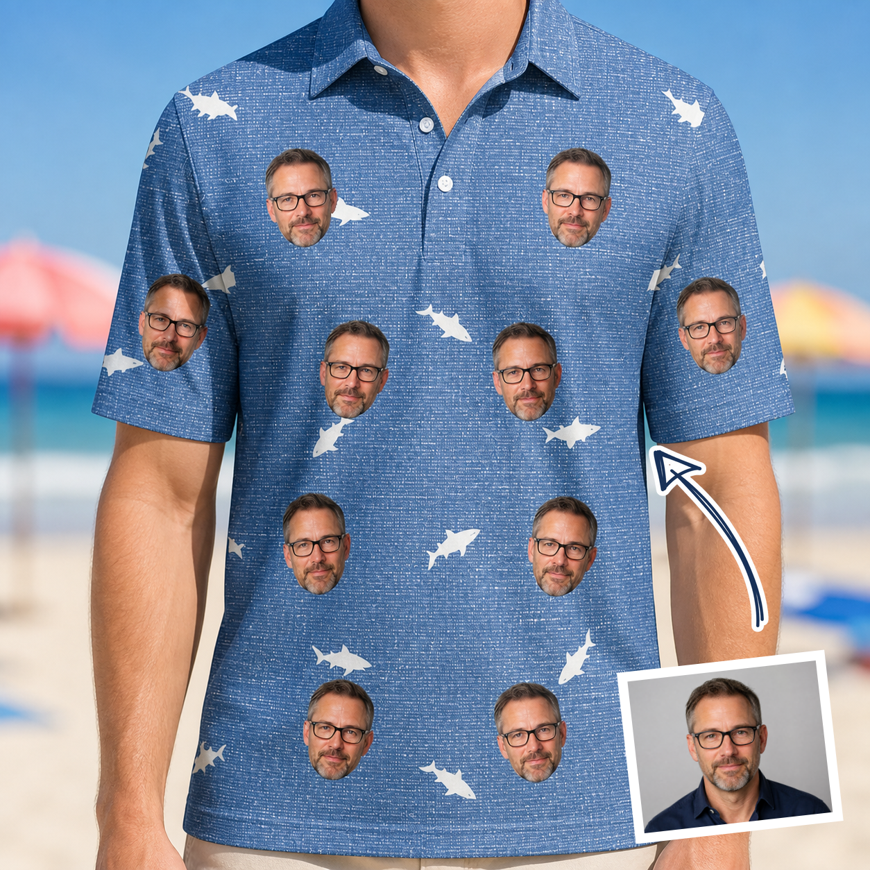 Man wearing Men's Mako Minnows Custom Face Polo Shirt — custom faces printed all-over