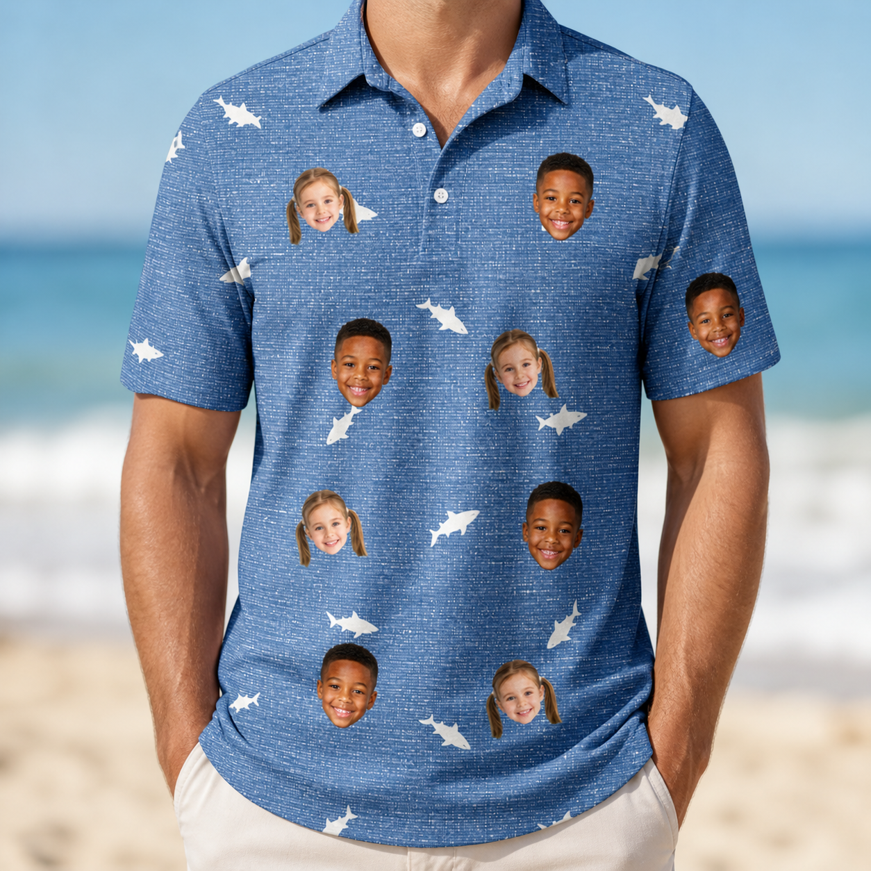 Model wearing Men's Mako Minnows Custom Face Polo Shirt printed with kids' faces