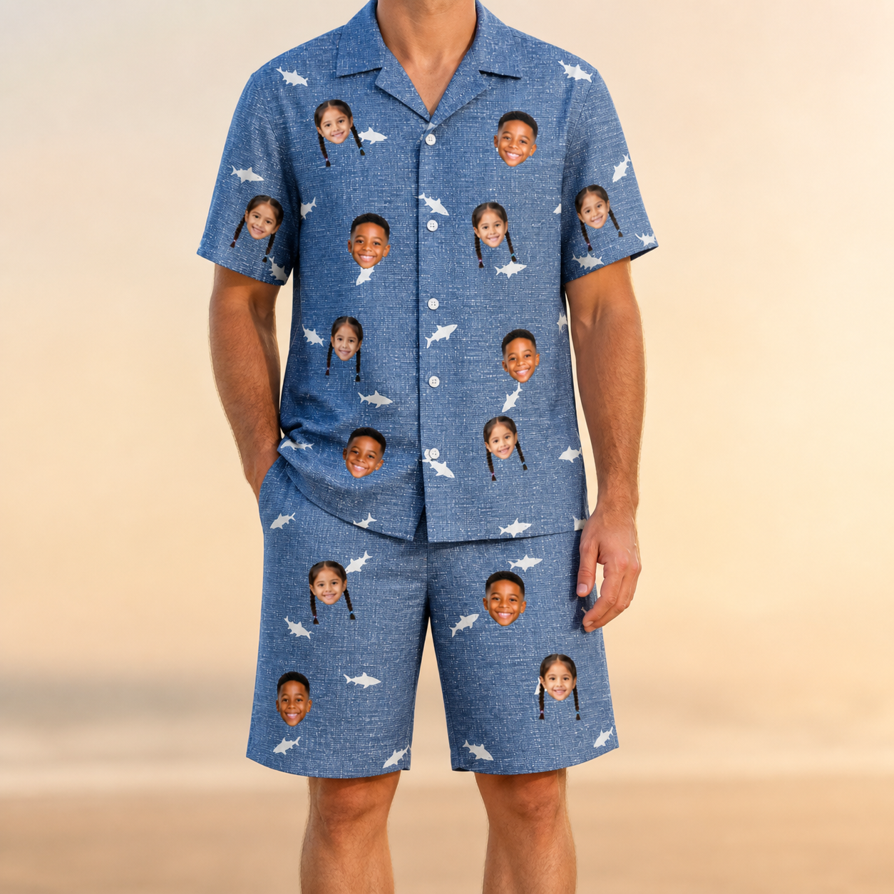Model wearing Men's Mako Minnows Custom Face Shirt & Shorts Set printed with kids' faces