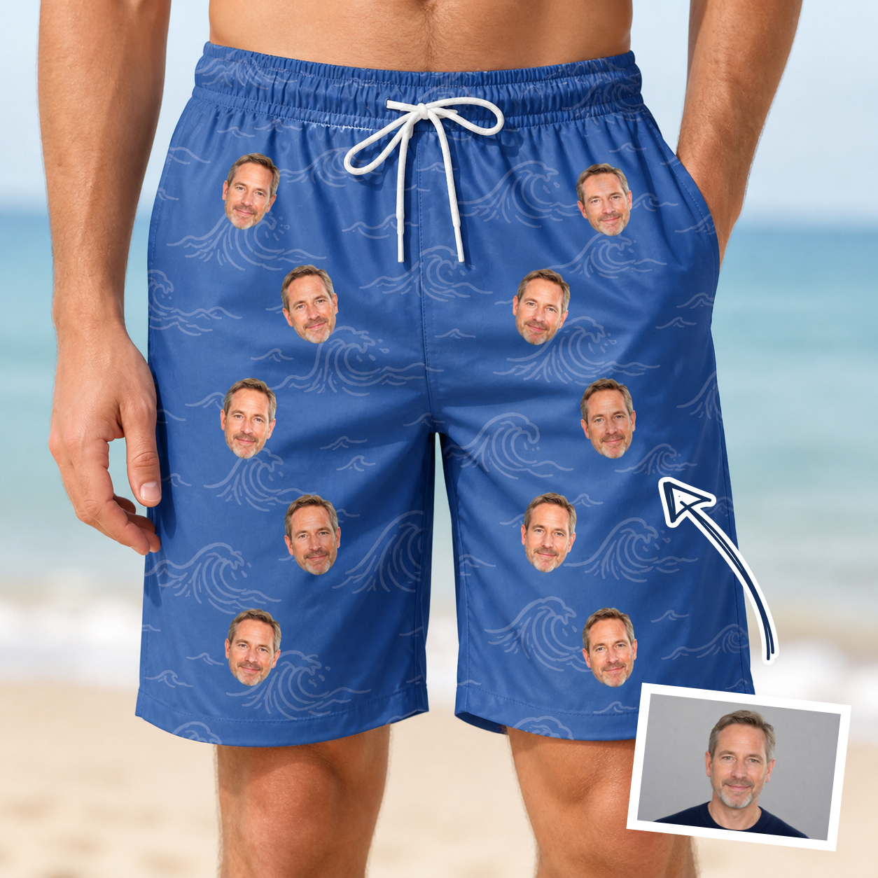 Man wearing Men's Briny Bliss Custom Face Beach Shorts — custom faces printed all-over