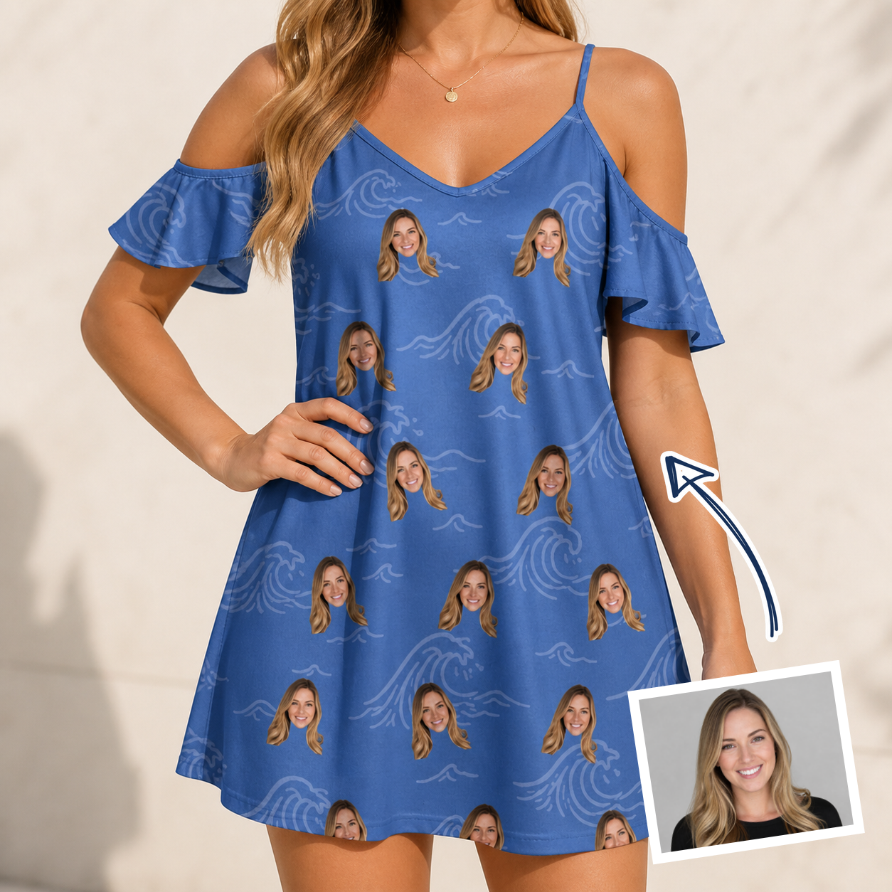 Woman wearing Women's Briny Bliss Custom Face Off-Shoulder Dress — custom faces printed all-over