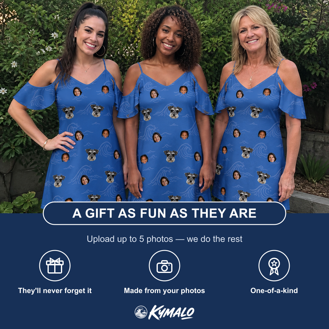 Friends in matching Women's Briny Bliss Custom Face Off-Shoulder Dress — a group gift photo
