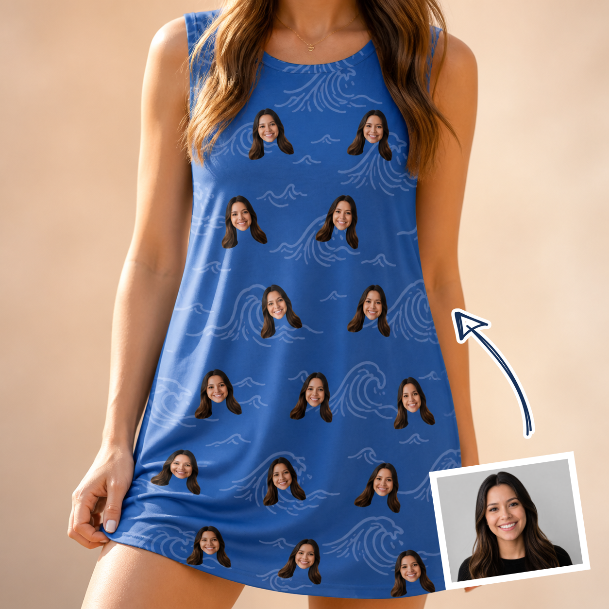 Woman wearing Women's Briny Bliss Custom Face Tank Dress — custom faces printed all-over