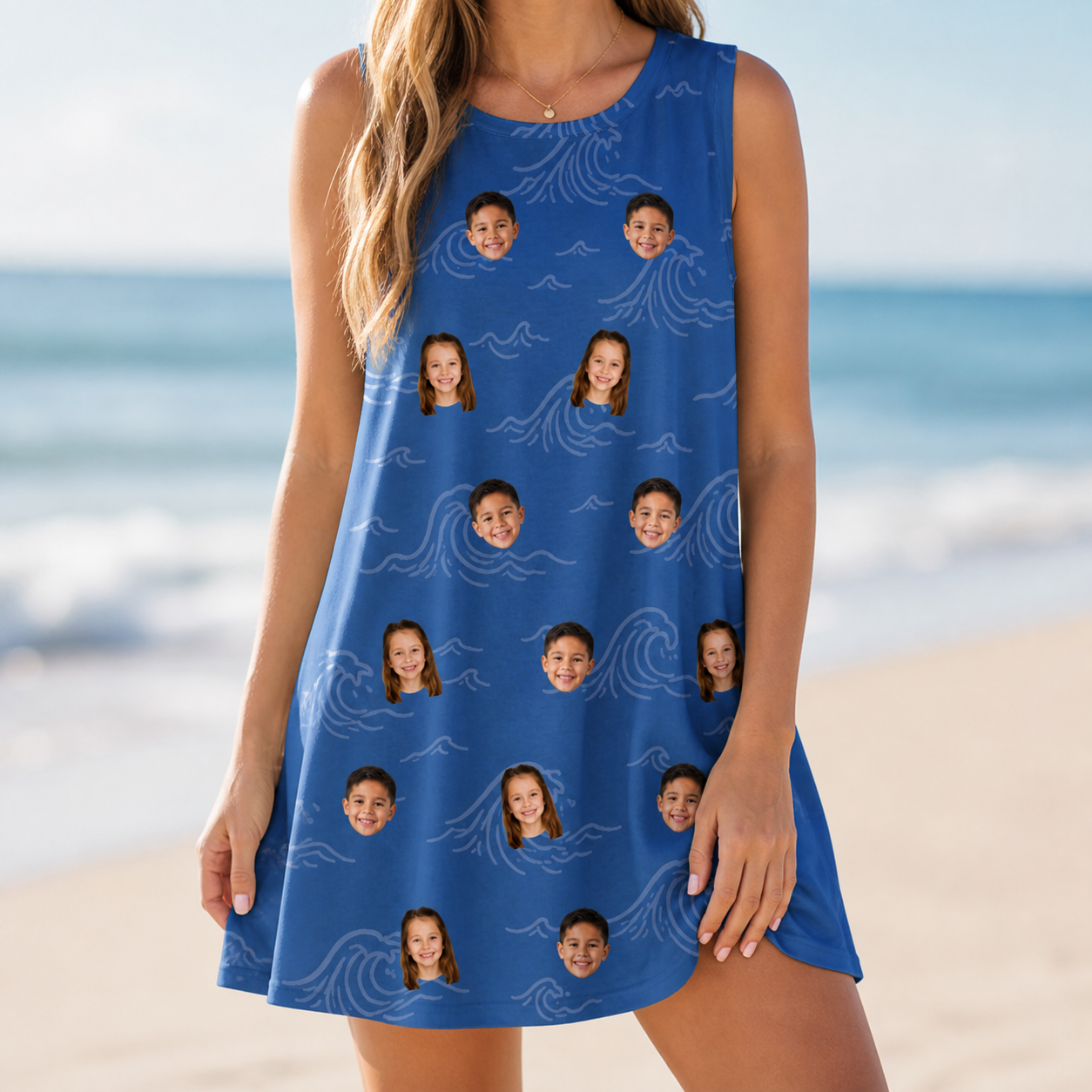 Model wearing Women's Briny Bliss Custom Face Tank Dress printed with kids' faces