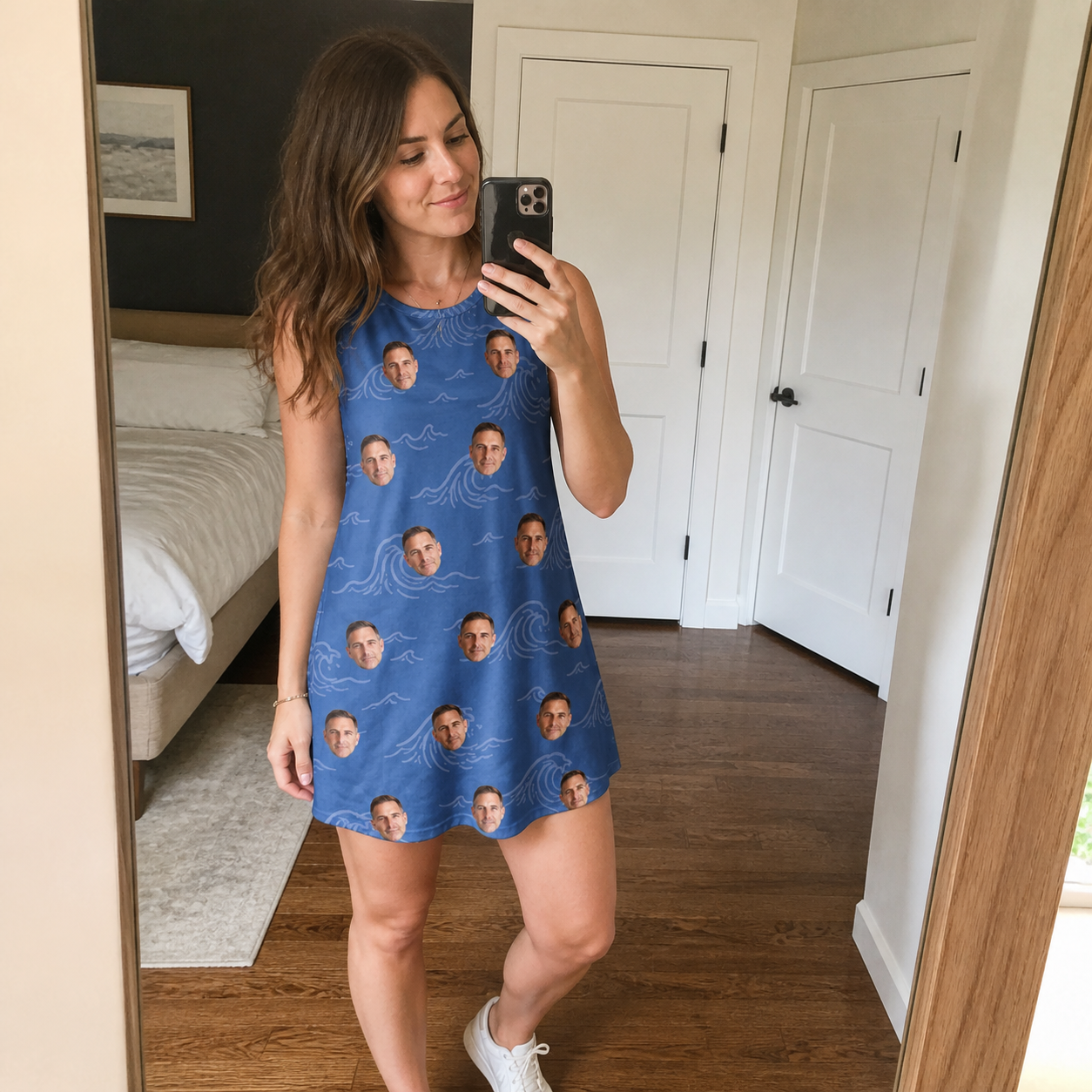 Real-life photo of someone wearing Women's Briny Bliss Custom Face Tank Dress — custom faces printed all-over
