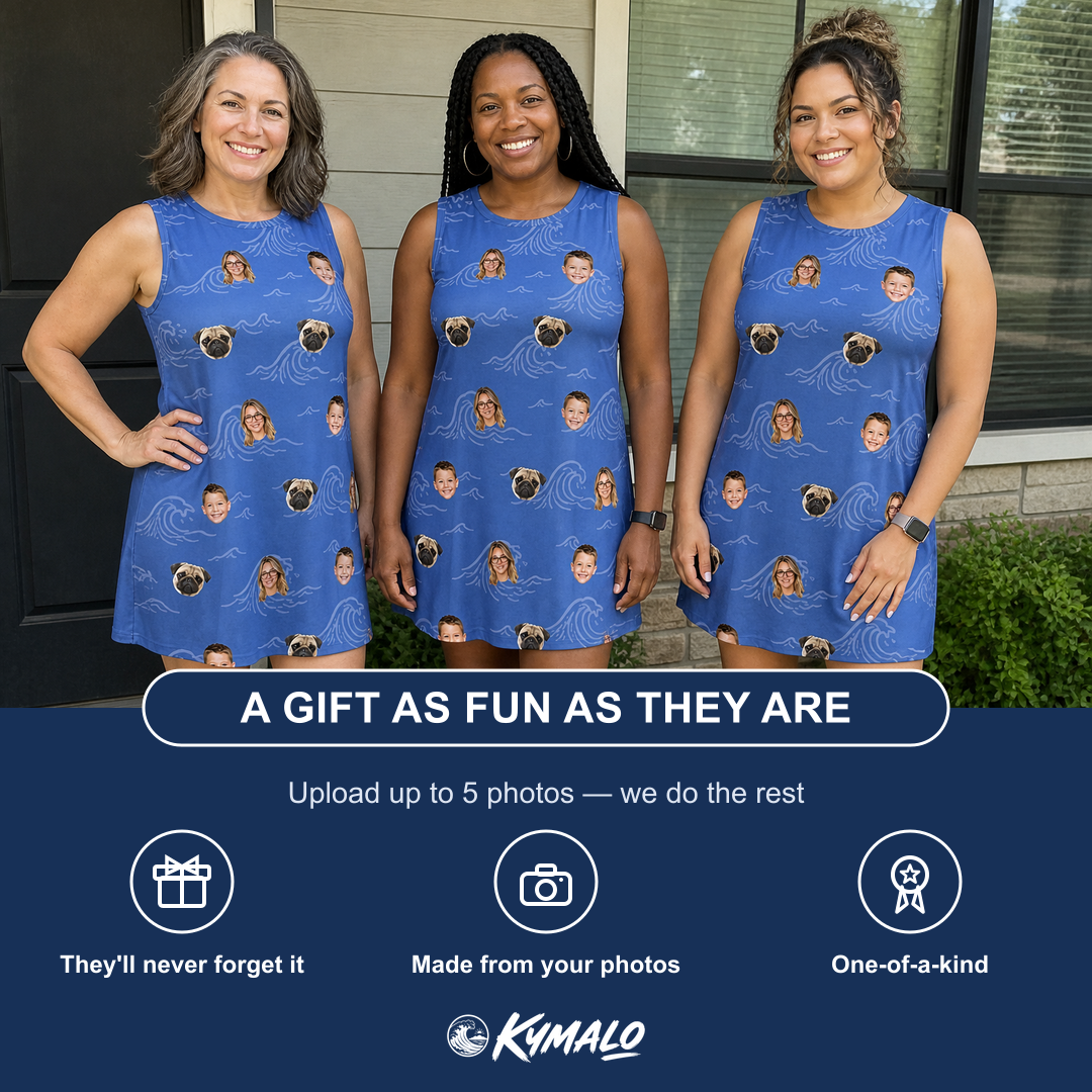 Friends in matching Women's Briny Bliss Custom Face Tank Dress — a group gift photo