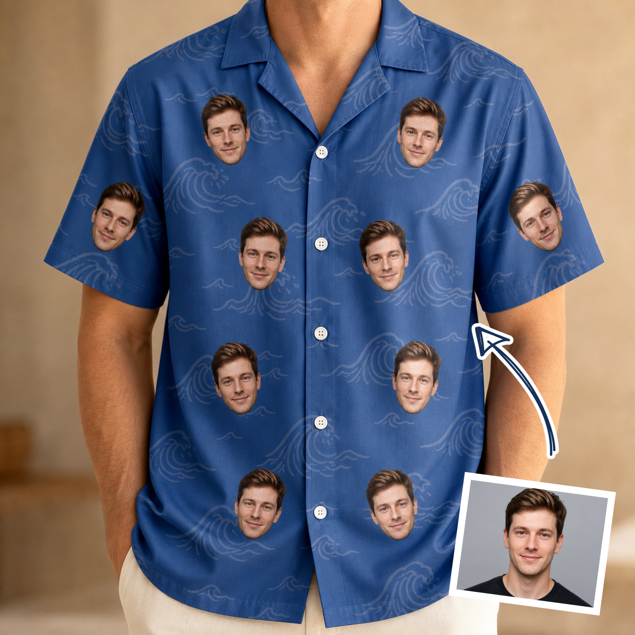 Man wearing Men's Briny Bliss Custom Face Hawaiian Shirt — custom faces printed all-over