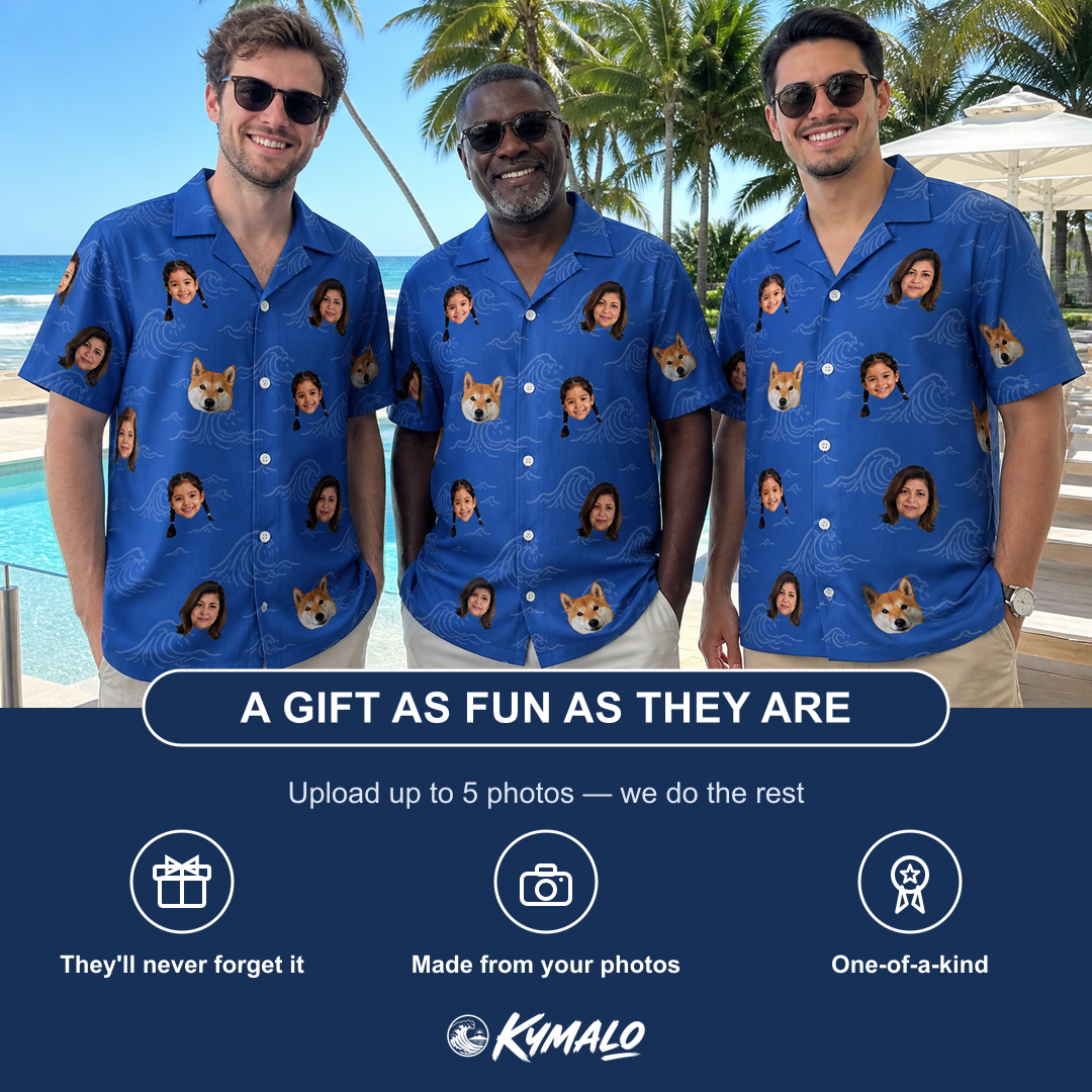 Friends in matching Men's Briny Bliss Custom Face Hawaiian Shirt — a group gift photo