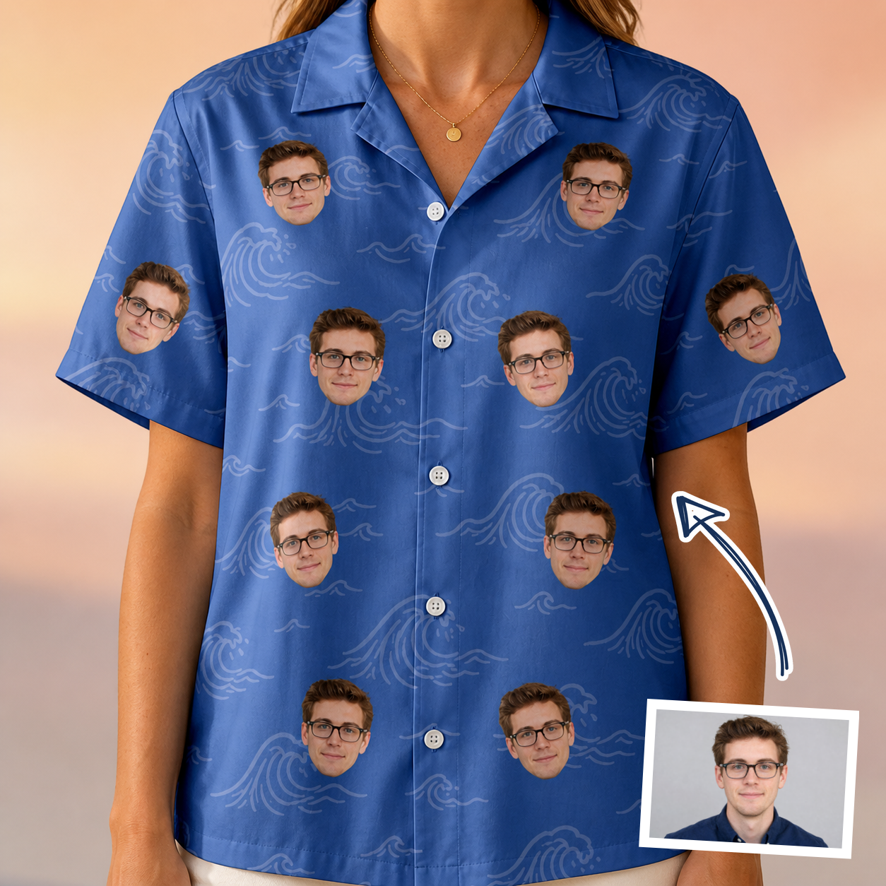 Woman wearing Women's Briny Bliss Custom Face Hawaiian Shirt — custom faces printed all-over