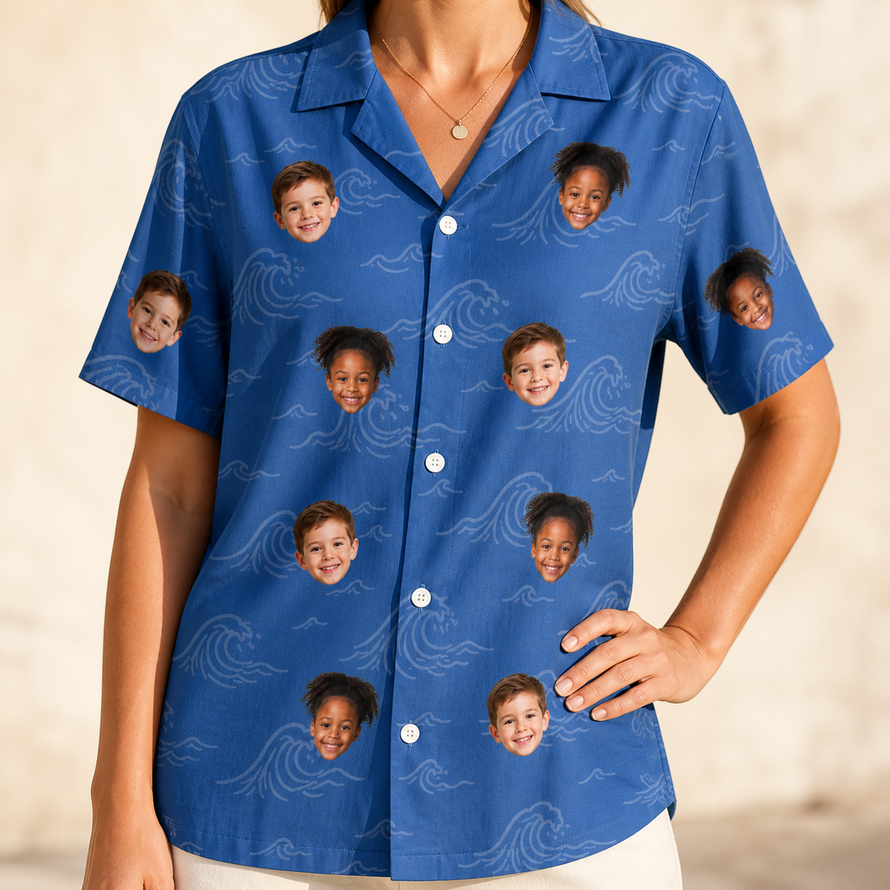 Model wearing Women's Briny Bliss Custom Face Hawaiian Shirt printed with kids' faces