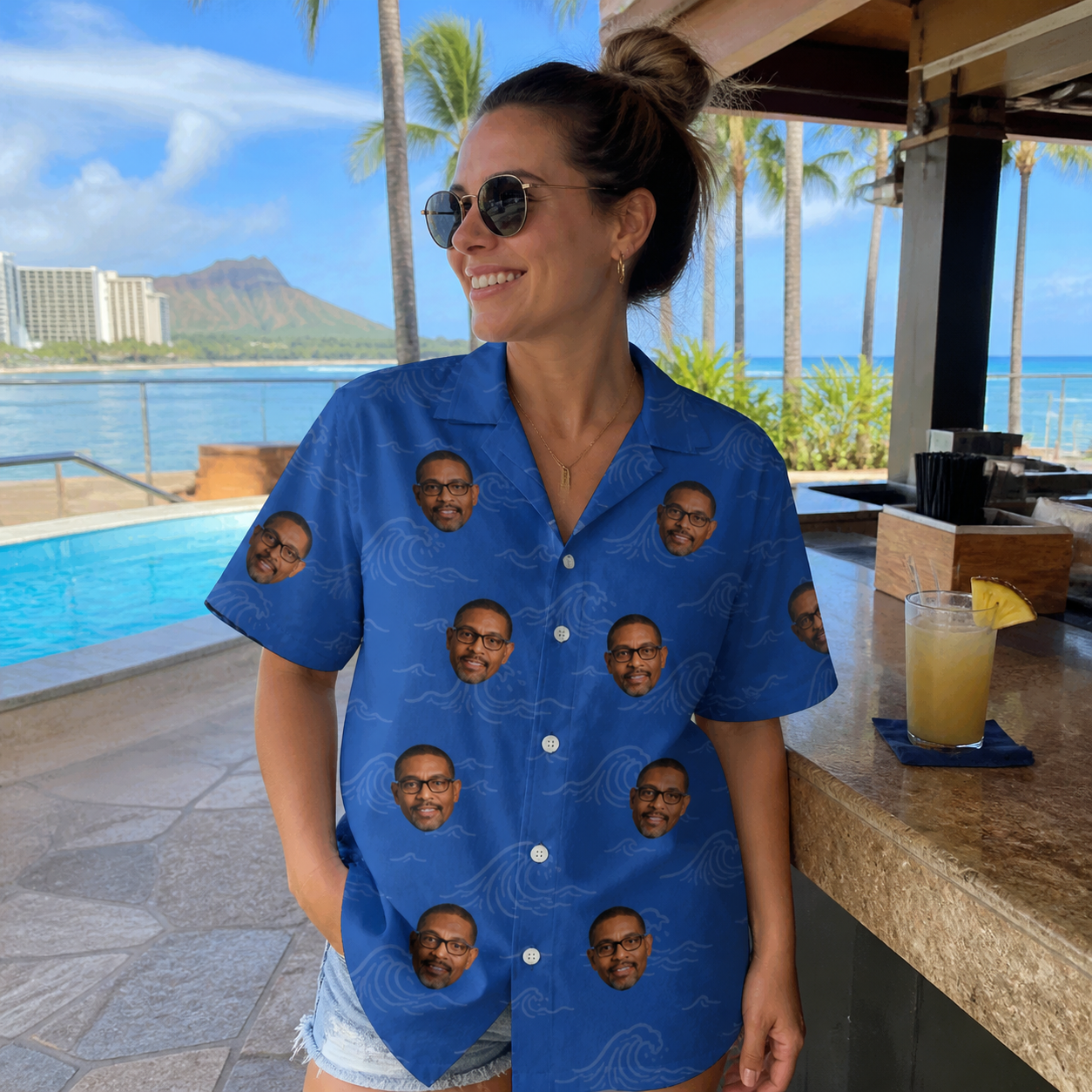 Real-life photo of someone wearing Women's Briny Bliss Custom Face Hawaiian Shirt — custom faces printed all-over