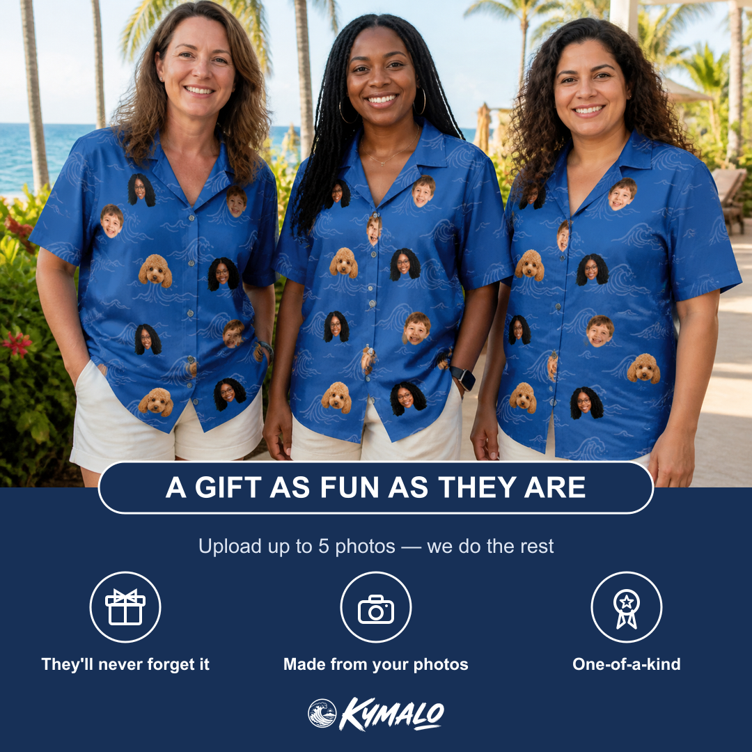 Friends in matching Women's Briny Bliss Custom Face Hawaiian Shirt — a group gift photo
