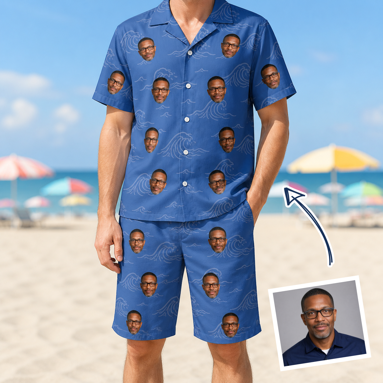 Man wearing Men's Briny Bliss Custom Face Shirt & Shorts Set — custom faces printed all-over