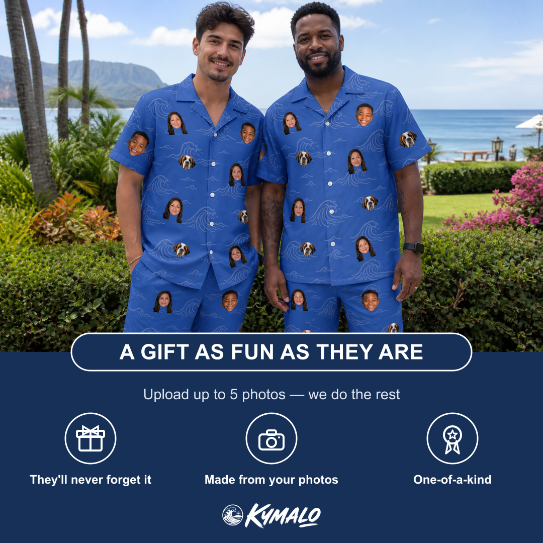 Friends in matching Men's Briny Bliss Custom Face Shirt & Shorts Set — a group gift photo