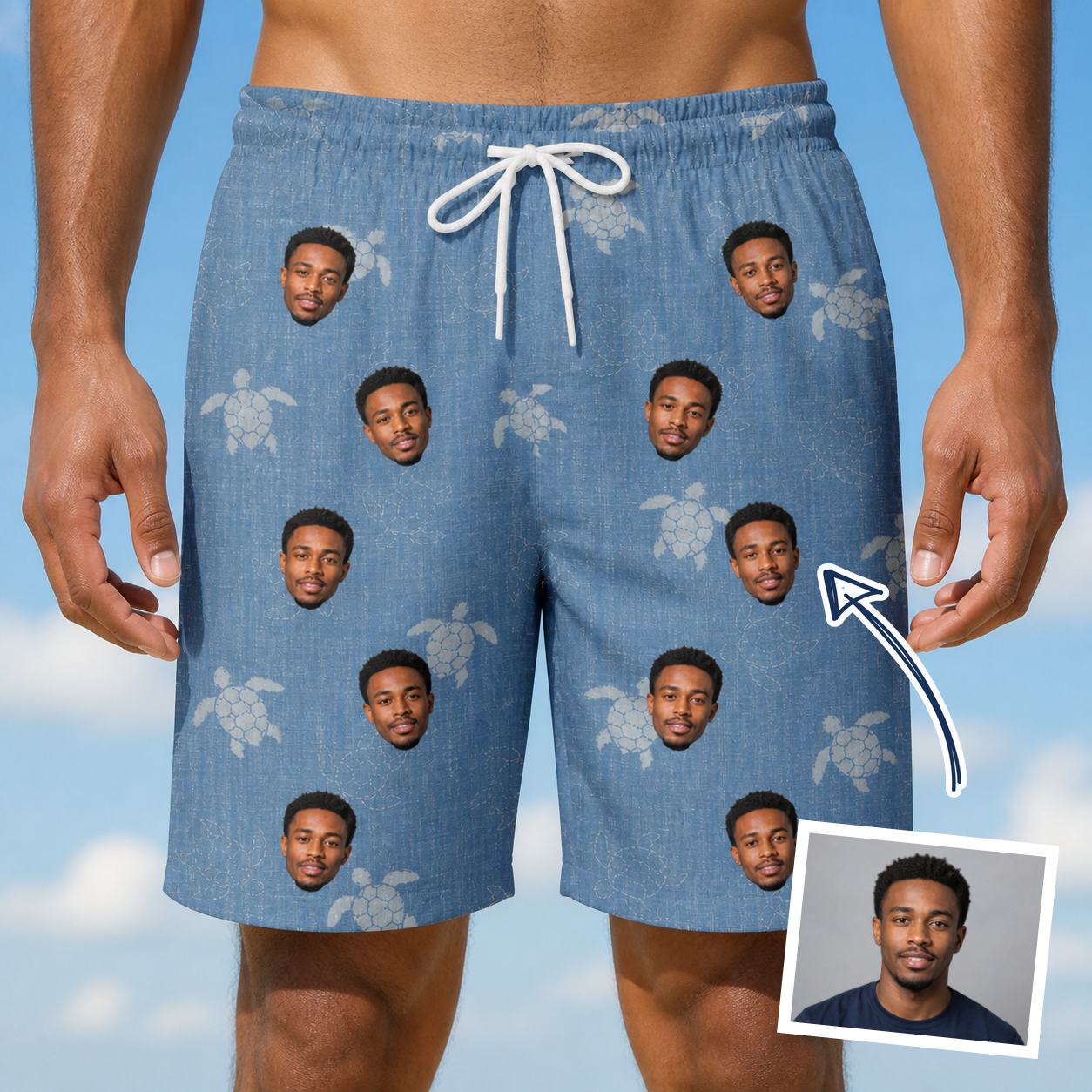 Man wearing Men's Flipper Floats Custom Face Beach Shorts — custom faces printed all-over