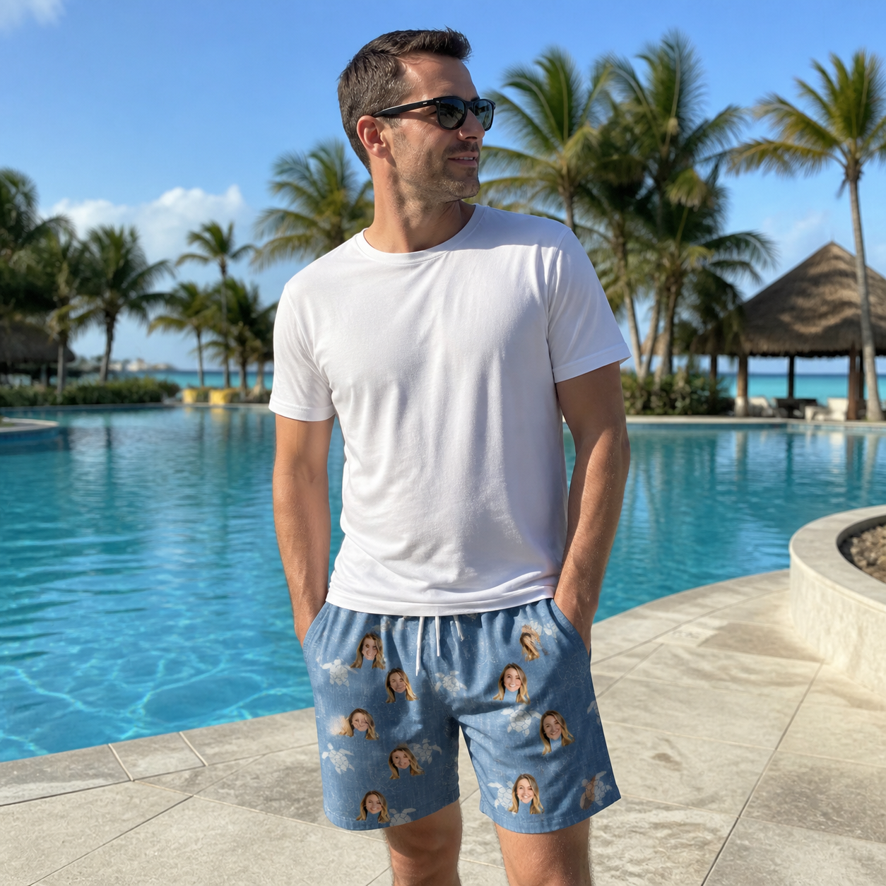 Real-life photo of someone wearing Men's Flipper Floats Custom Face Beach Shorts — custom faces printed all-over
