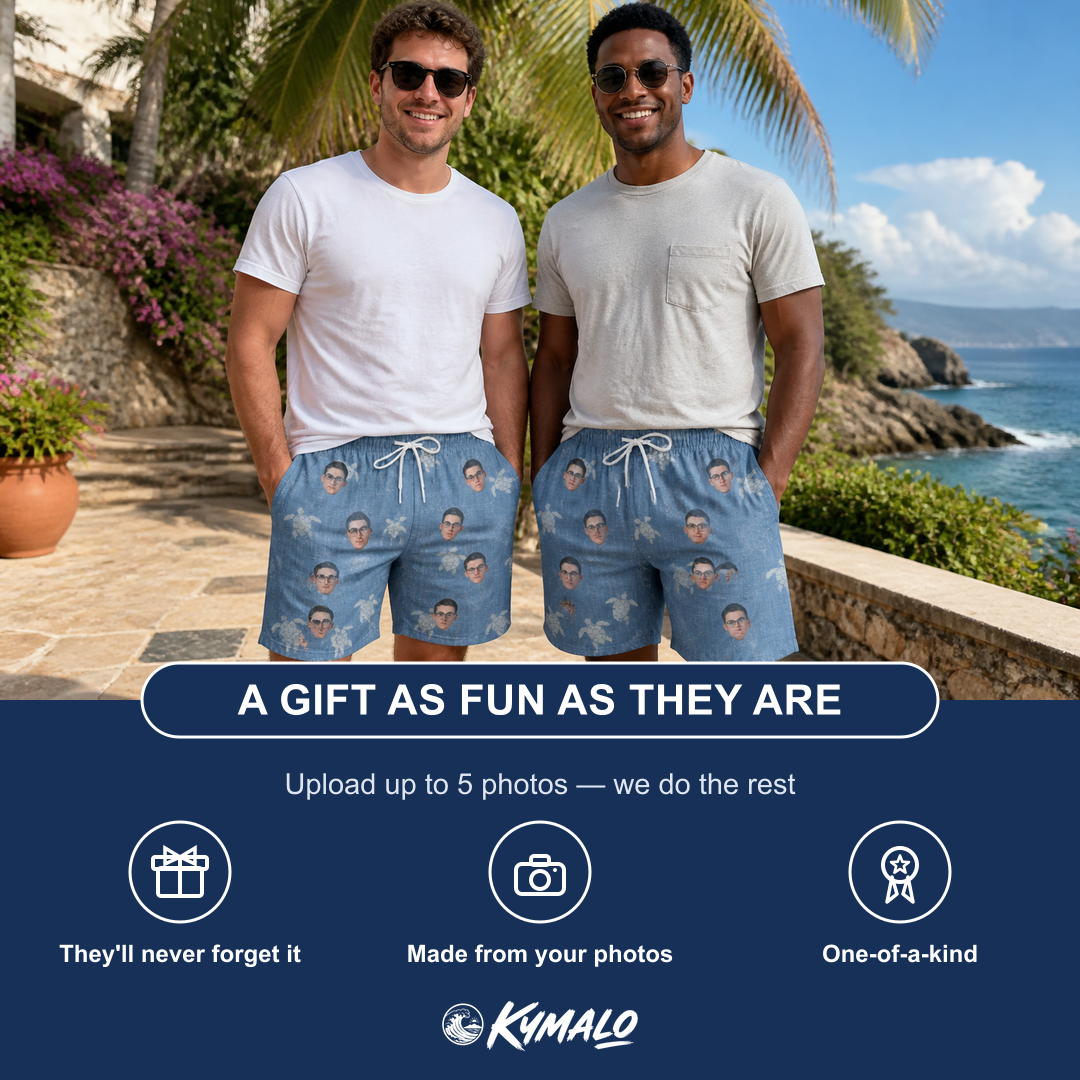 Friends in matching Men's Flipper Floats Custom Face Beach Shorts — a group gift photo