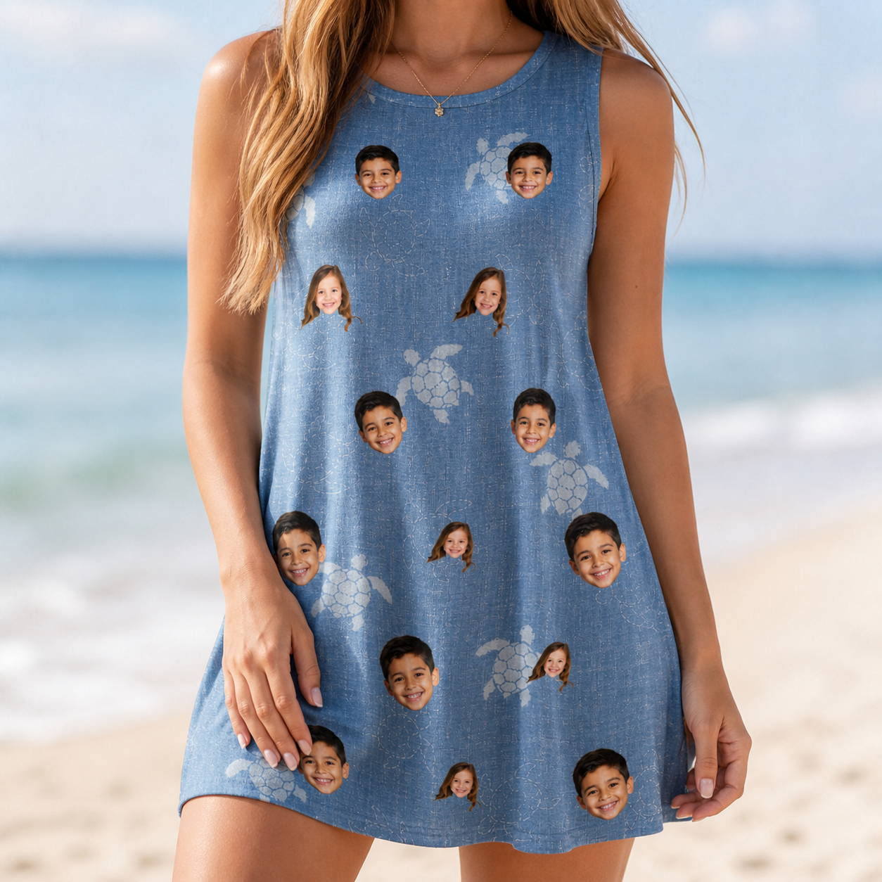 Model wearing Women's Flipper Floats Custom Face Tank Dress printed with kids' faces