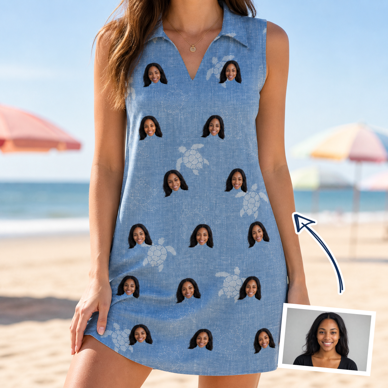Woman wearing Women's Flipper Floats Custom Face V-Neck Dress — custom faces printed all-over