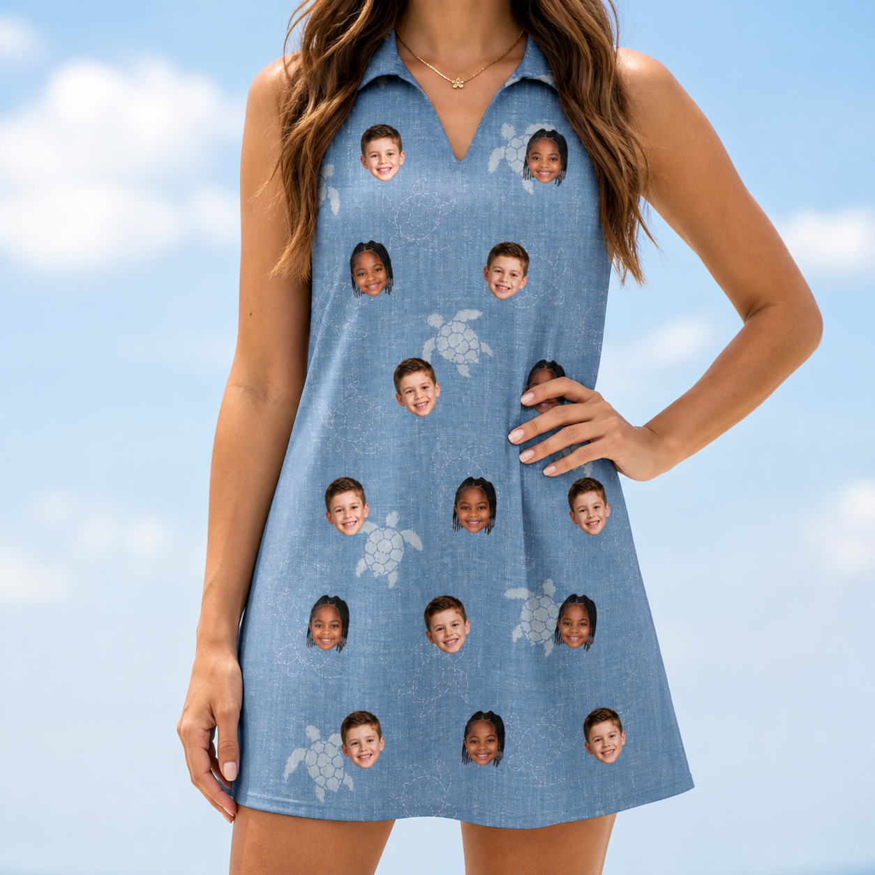 Model wearing Women's Flipper Floats Custom Face V-Neck Dress printed with kids' faces