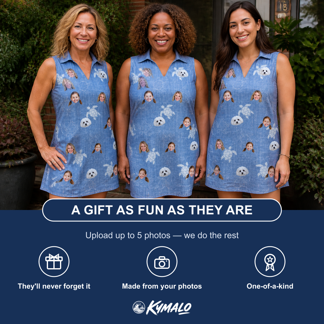 Friends in matching Women's Flipper Floats Custom Face V-Neck Dress — a group gift photo
