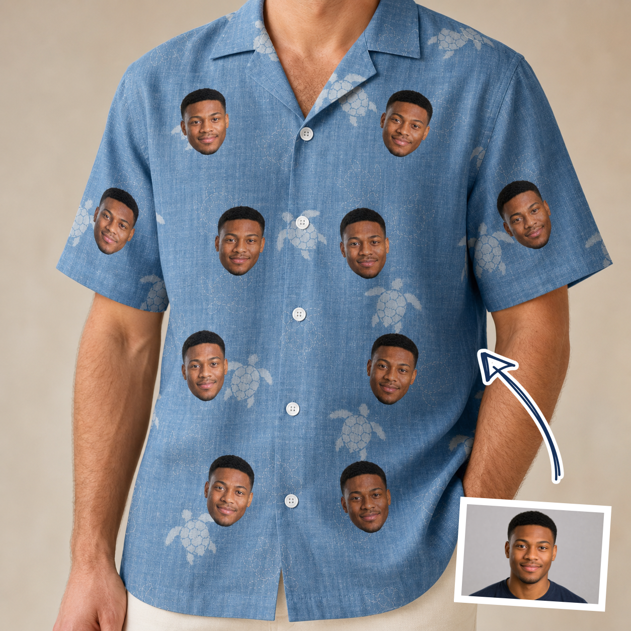 Man wearing Men's Flipper Floats Custom Face Hawaiian Shirt — custom faces printed all-over