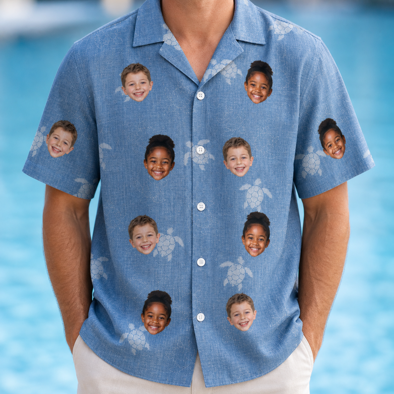 Model wearing Men's Flipper Floats Custom Face Hawaiian Shirt printed with kids' faces