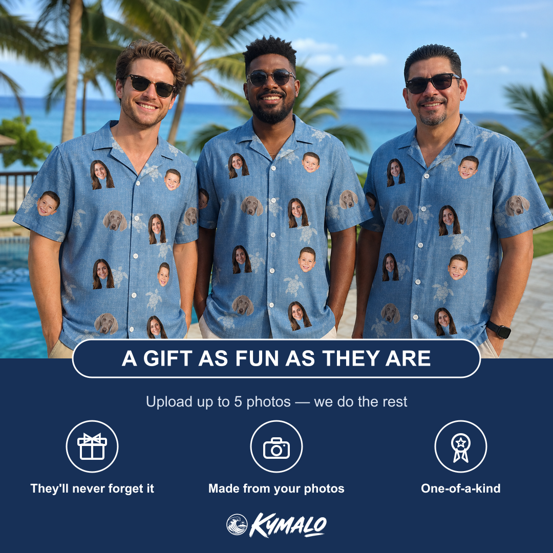 Friends in matching Men's Flipper Floats Custom Face Hawaiian Shirt — a group gift photo