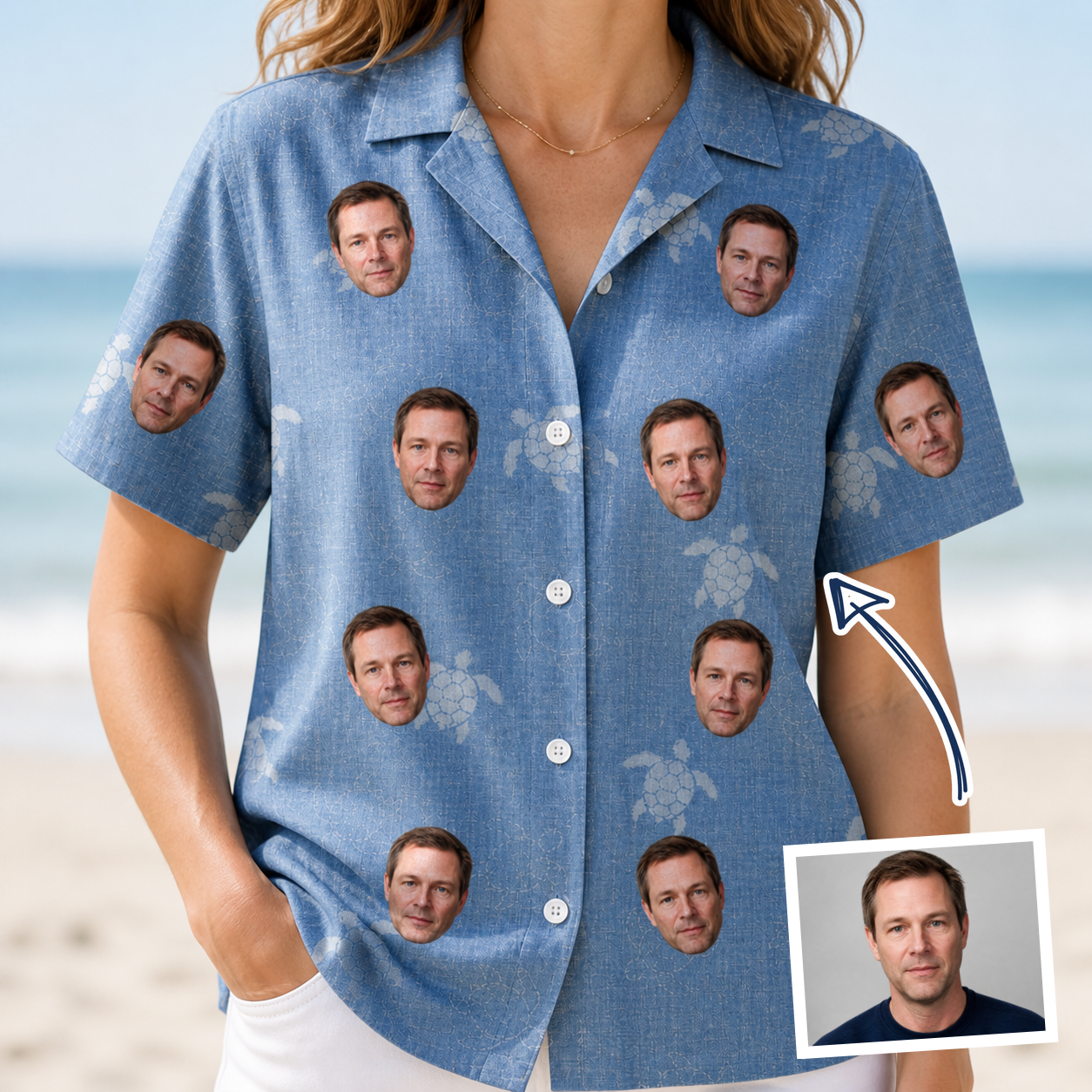 Woman wearing Women's Flipper Floats Custom Face Hawaiian Shirt — custom faces printed all-over