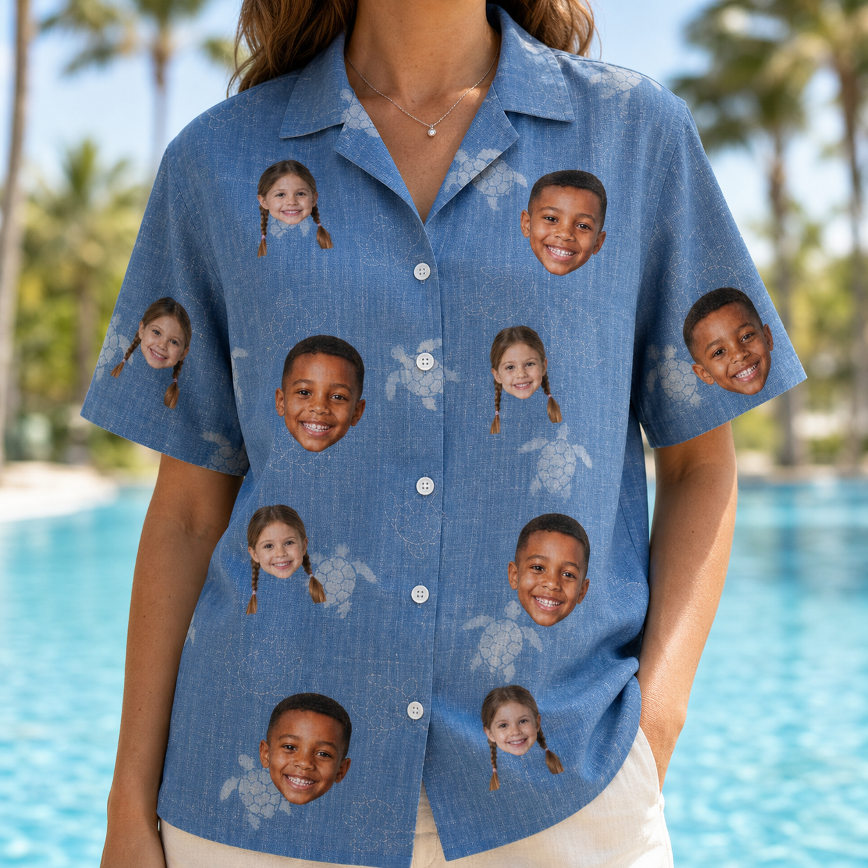 Model wearing Women's Flipper Floats Custom Face Hawaiian Shirt printed with kids' faces