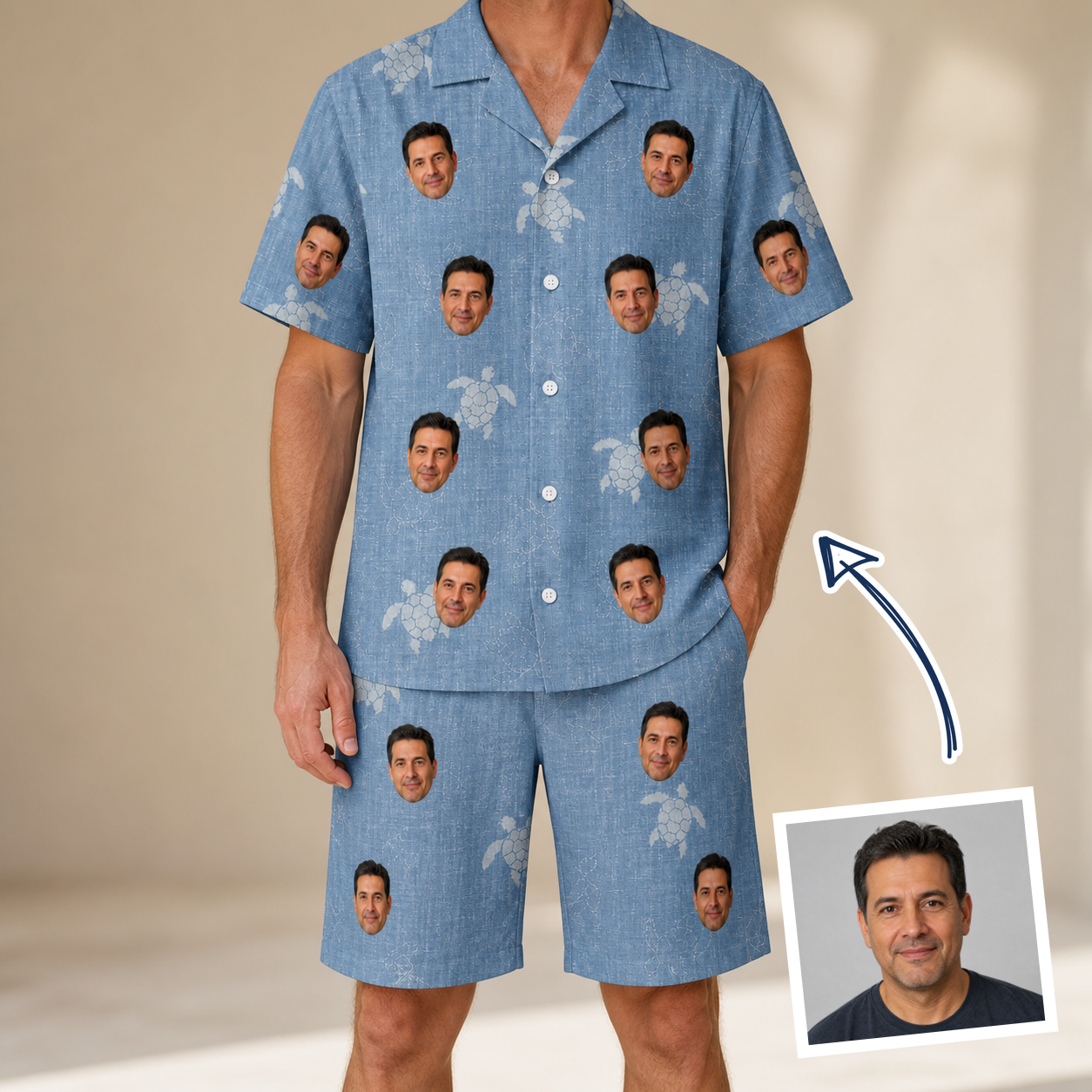 Man wearing Men's Flipper Floats Custom Face Shirt & Shorts Set — custom faces printed all-over