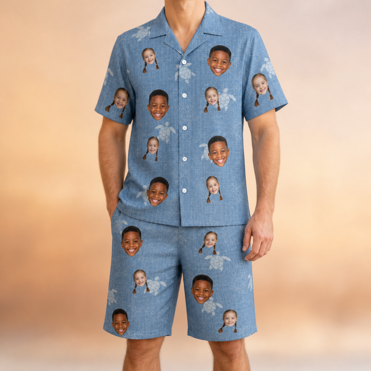 Model wearing Men's Flipper Floats Custom Face Shirt & Shorts Set printed with kids' faces