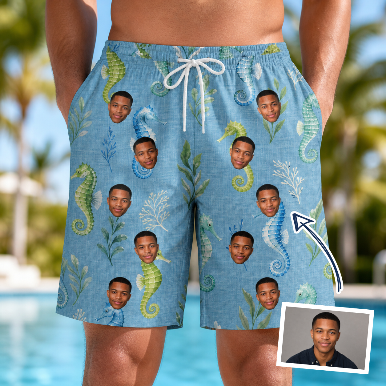 Man wearing Men's Sea Pony Society Custom Face Beach Shorts — custom faces printed all-over