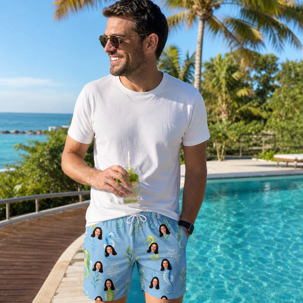 Real-life photo of someone wearing Men's Sea Pony Society Custom Face Beach Shorts — custom faces printed all-over