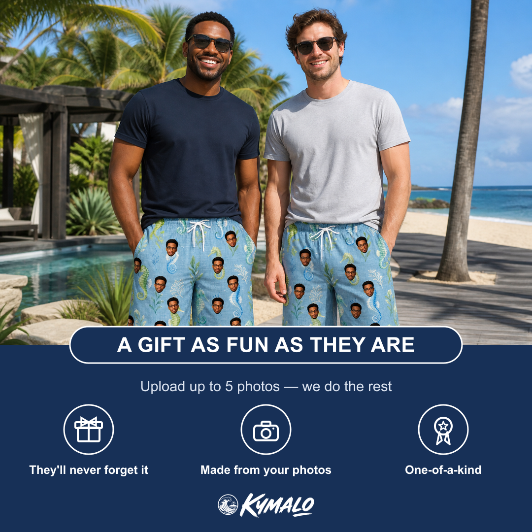 Friends in matching Men's Sea Pony Society Custom Face Beach Shorts — a group gift photo