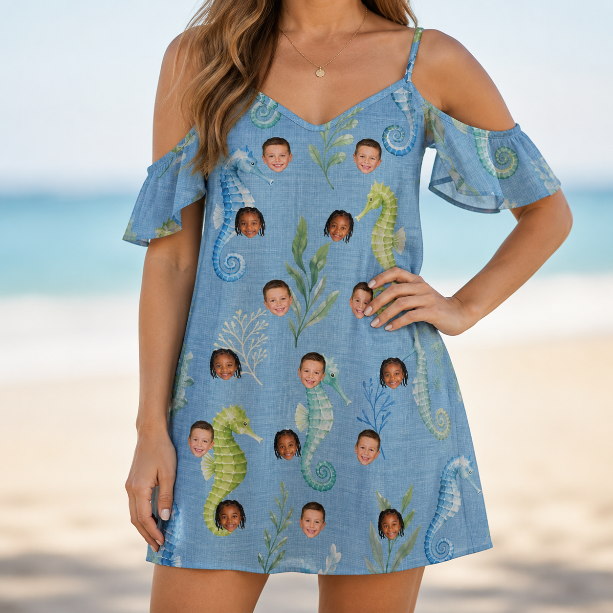 Model wearing Women's Sea Pony Society Custom Face Off-Shoulder Dress printed with kids' faces