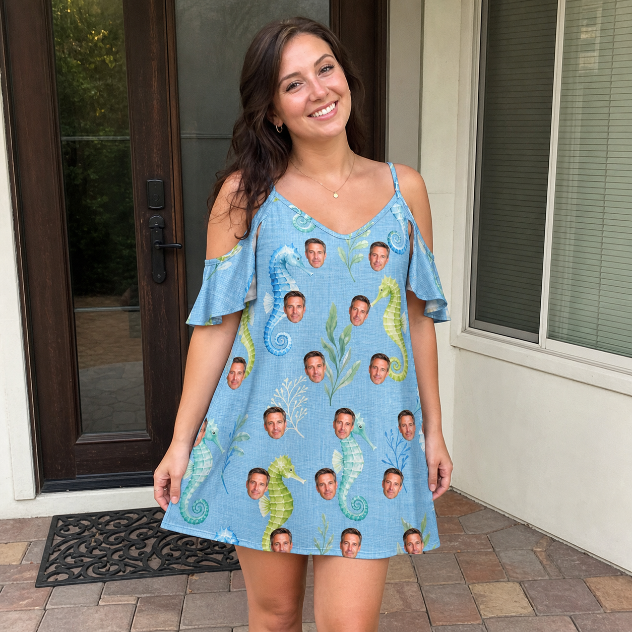 Real-life photo of someone wearing Women's Sea Pony Society Custom Face Off-Shoulder Dress — custom faces printed all-over