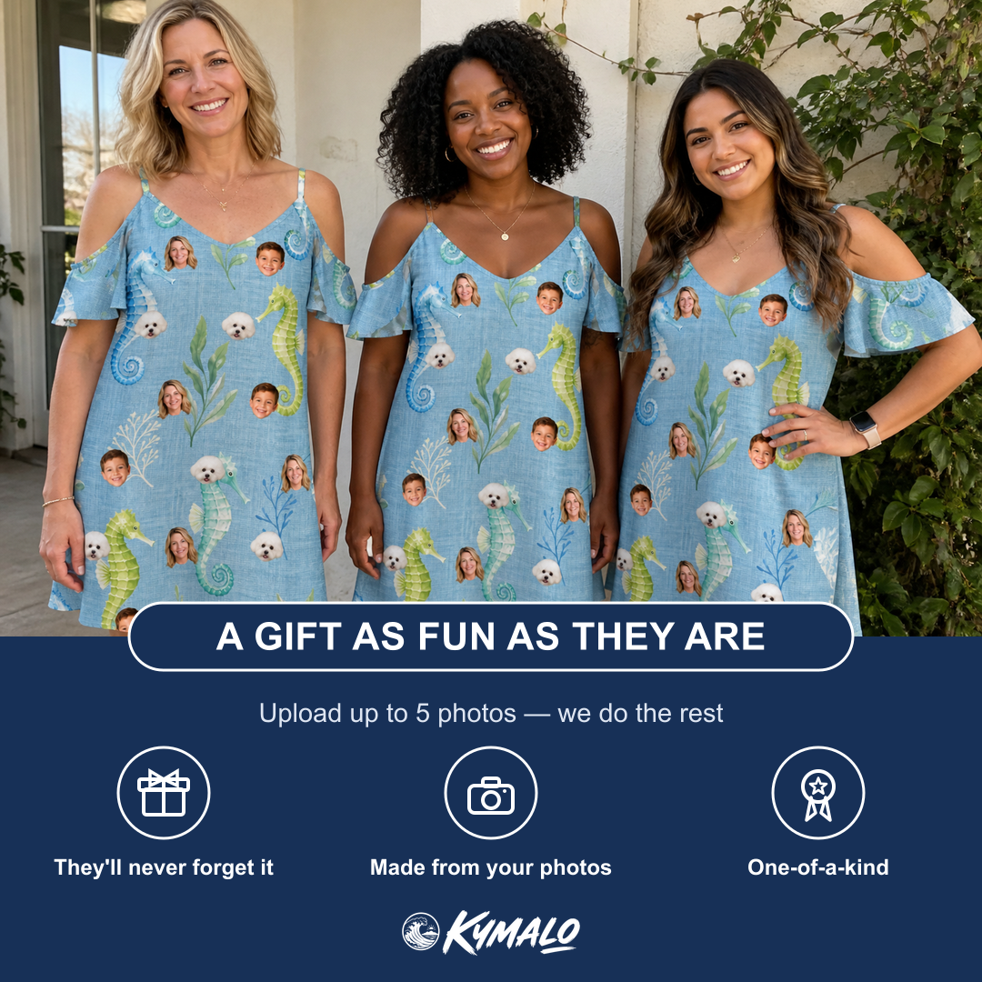 Friends in matching Women's Sea Pony Society Custom Face Off-Shoulder Dress — a group gift photo