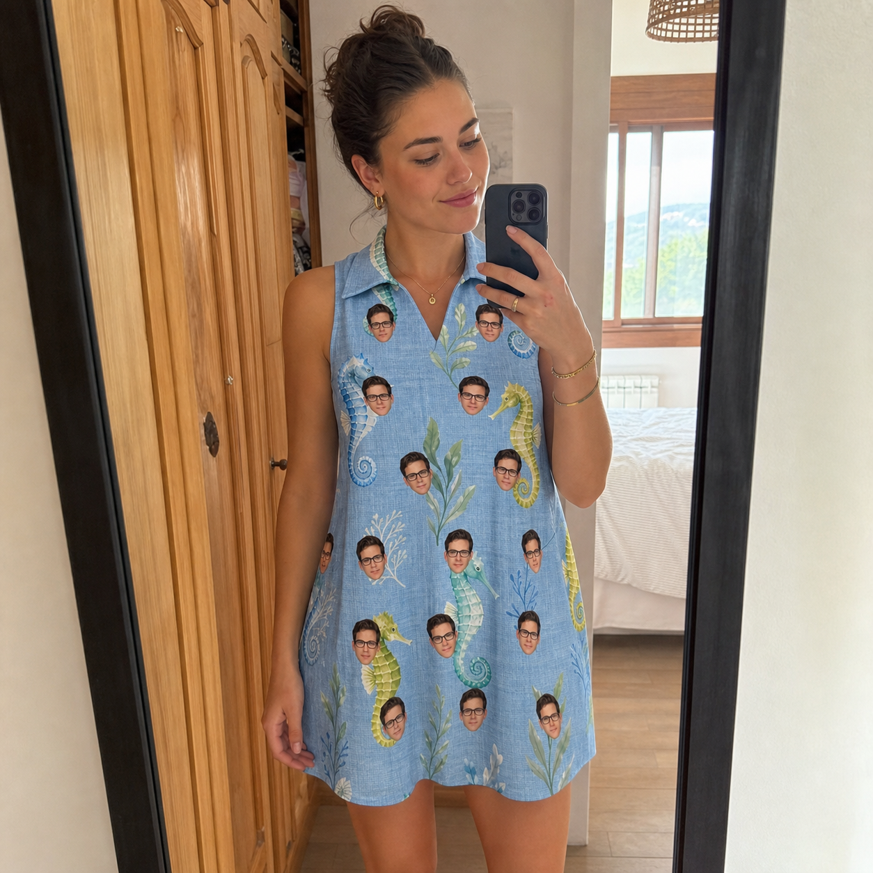 Real-life photo of someone wearing Women's Sea Pony Society Custom Face V-Neck Dress — custom faces printed all-over