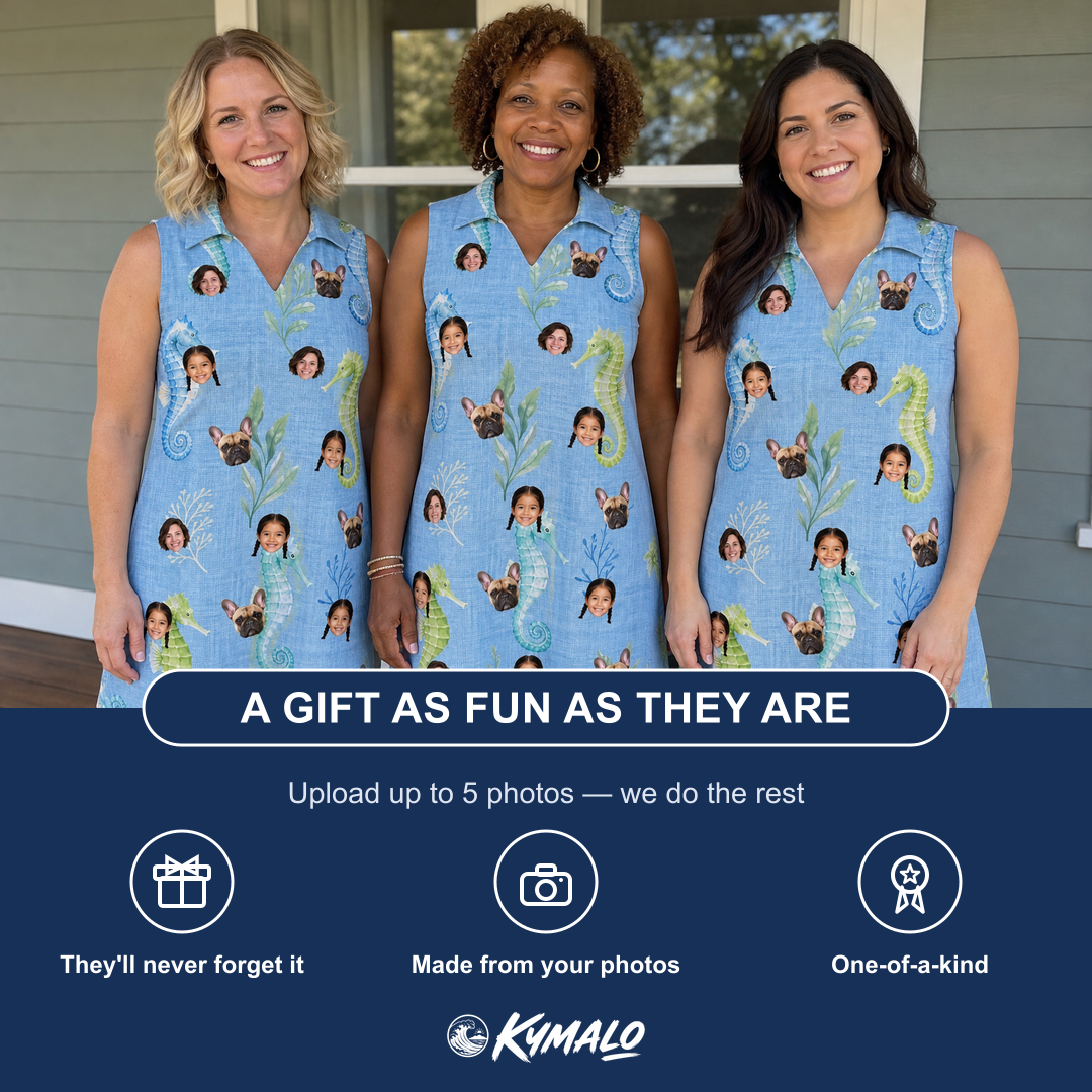 Friends in matching Women's Sea Pony Society Custom Face V-Neck Dress — a group gift photo