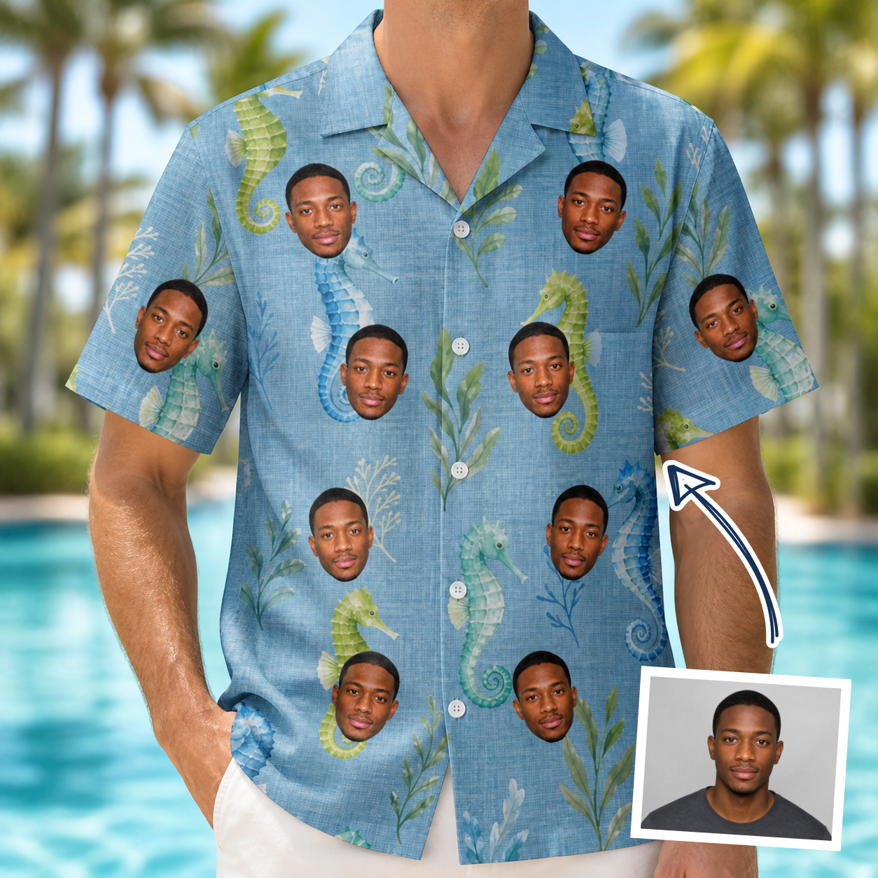 Man wearing Men's Sea Pony Society Custom Face Hawaiian Shirt — custom faces printed all-over