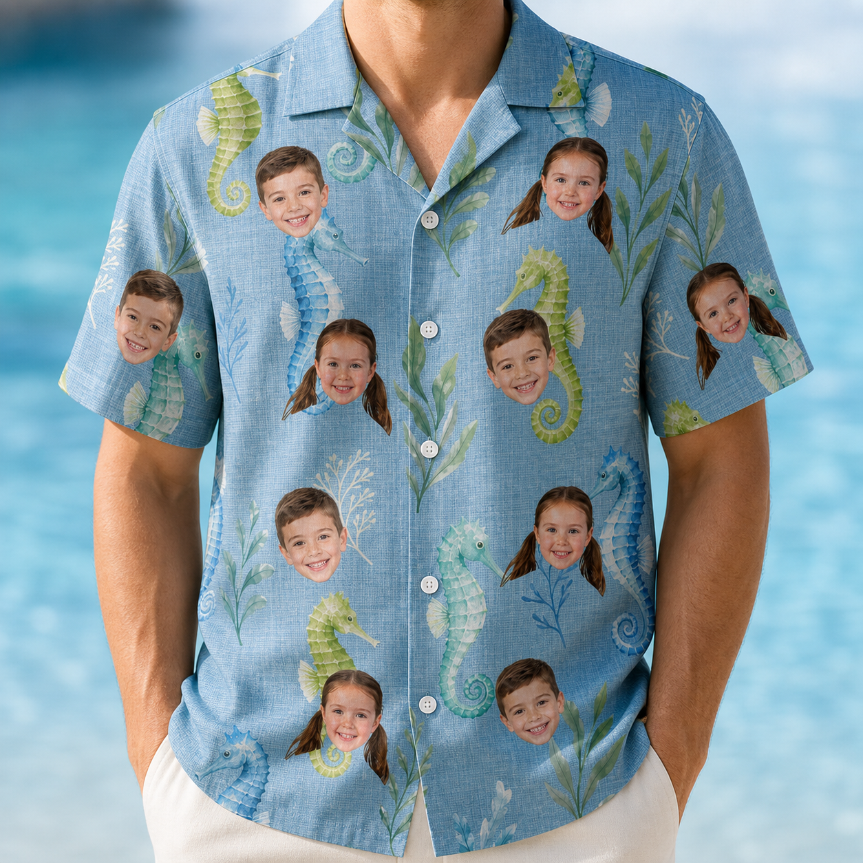 Model wearing Men's Sea Pony Society Custom Face Hawaiian Shirt printed with kids' faces