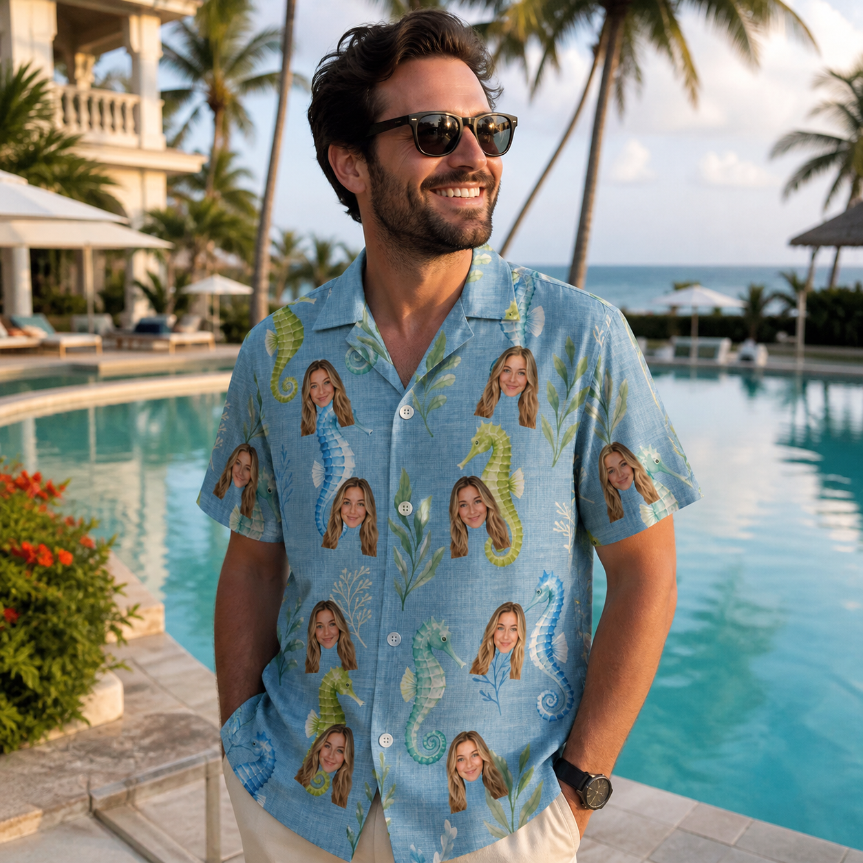 Real-life photo of someone wearing Men's Sea Pony Society Custom Face Hawaiian Shirt — custom faces printed all-over