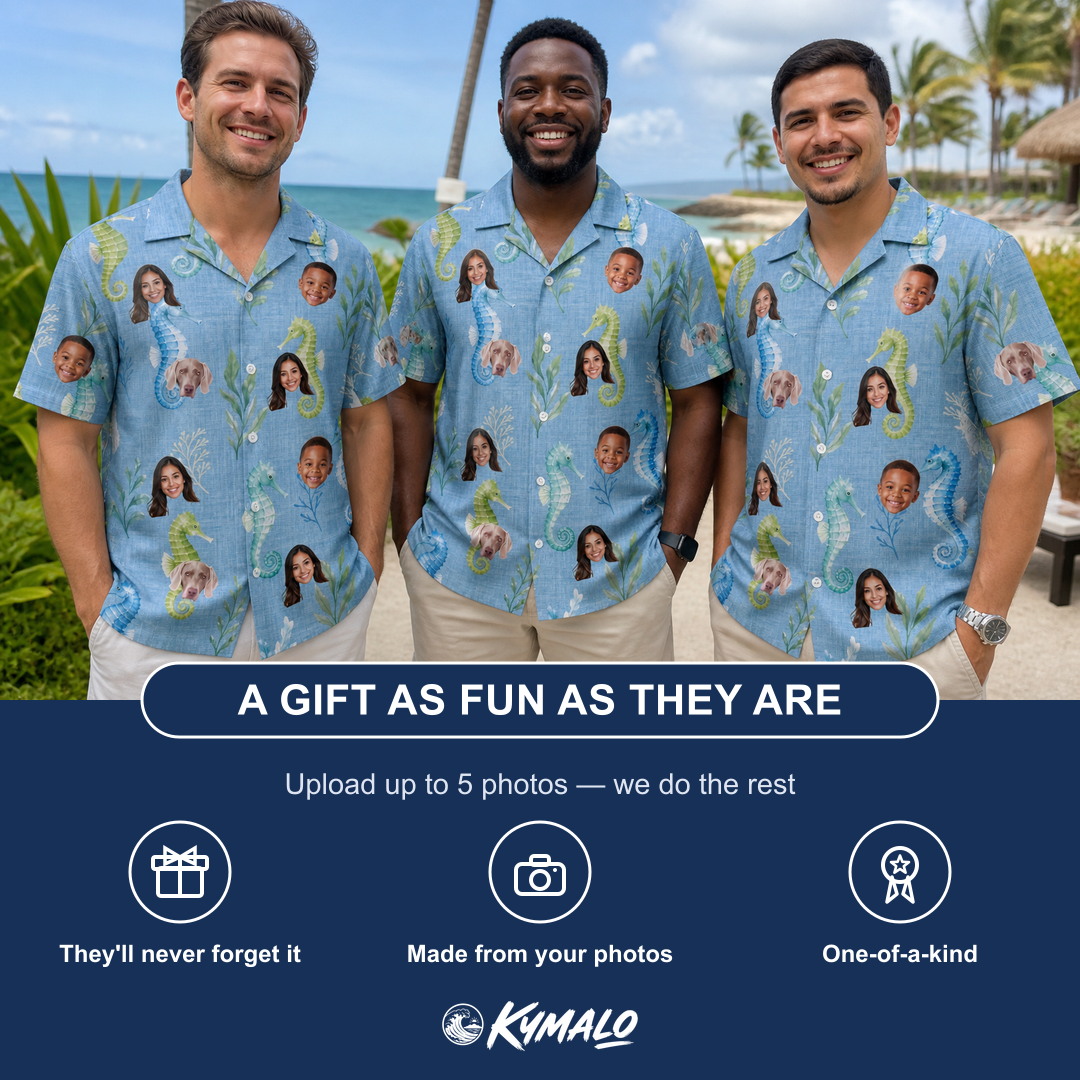 Friends in matching Men's Sea Pony Society Custom Face Hawaiian Shirt — a group gift photo
